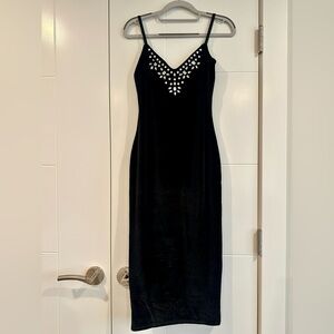 bebe Black Midi Dress with Embellished Neckline